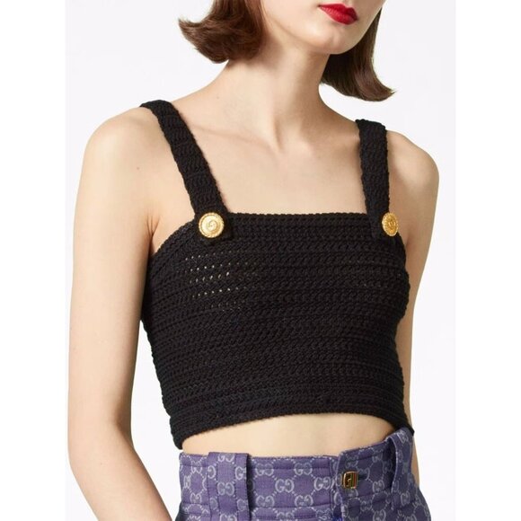 NWT GUCCI Crochet-Knit Sleeveless Crop Top Sz L Black 100% Authentic - Picture 4 of 10